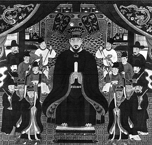 a painting of king Sho Nei, black and white. He is sitting on a throne in the center surrounded by people who seem to like him