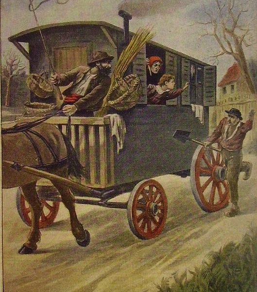 a stereotypically Romani-looking couple drives away in a carriage with a child while the presumed parent of the child chases the carriage