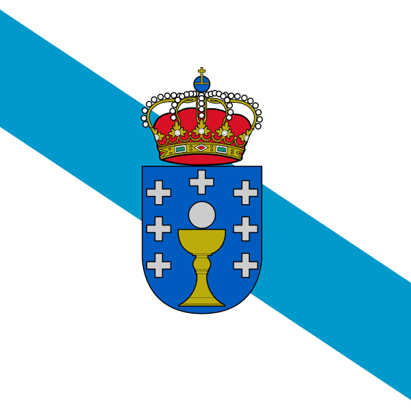 state flag of Galicia - the national flag, a white background with a diagonal blue stripe, with the Galician coat of arms placed in the center