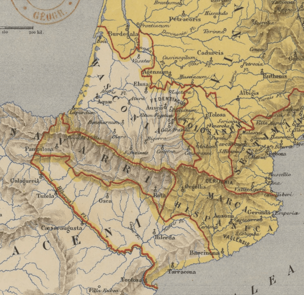  This is a map of what is now the border region between modern France and Spain circa 806 CE. The Spanish March, or “Marca Hispanica”, lay in what is now northern Catalonia and constituted some of the southern-most reaches of the Carolingian Empire. While it remained as a part for a few centuries, its remote distance from the capital in Aachen meant that it could quickly become self-governing and, within a couple of centuries, it was able to operate relatively independently [“Carolingian Dynasty,” 2019].