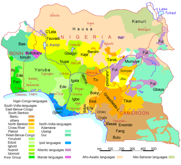 A map showing the distribution of languages in Nigeria and the surrounding area