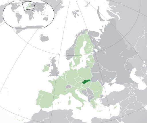 The countries in light green depict those within the European Union, with those in dark gray depicting European countries outside of it. Slovakia is colored in dark green.