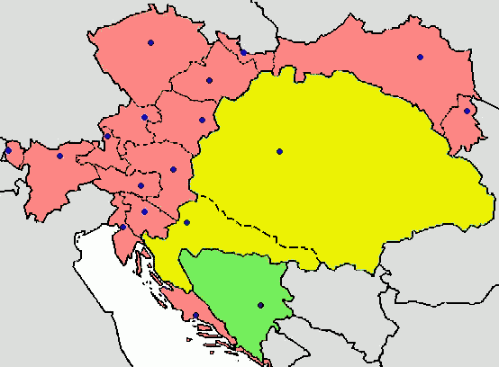 This image shows how the territory of the Austria-Hungary empire was divided for administration. Areas in pink were to be administered from Vienna (Austria) and the yellow from Budapest (Hungary). The green area of Bosnia-Herzegovina was jointly administered starting in 1878.