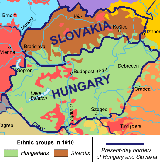 Present day borders over pre-WWI ethnic map